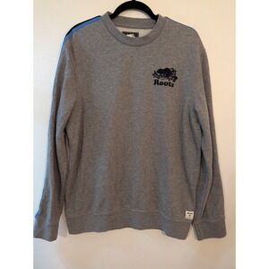 Roots Mens Gray Crewneck Sweatshirt Beaver Logo Sleeve Stripes Size‎ Medium